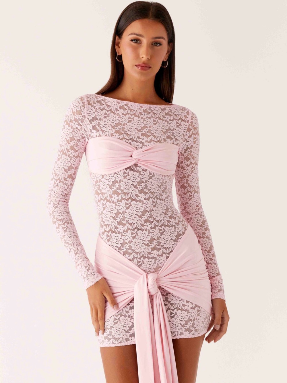 NWT Peppermayo Pink Lace Mini Dress with Draped Bow Detail Long Sleeve 4